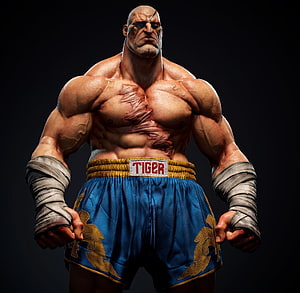 Sagat from Street Fighter in a hyper-realistic 3D render wearing blue Muay Thai shorts and hand wraps HD wallpaper