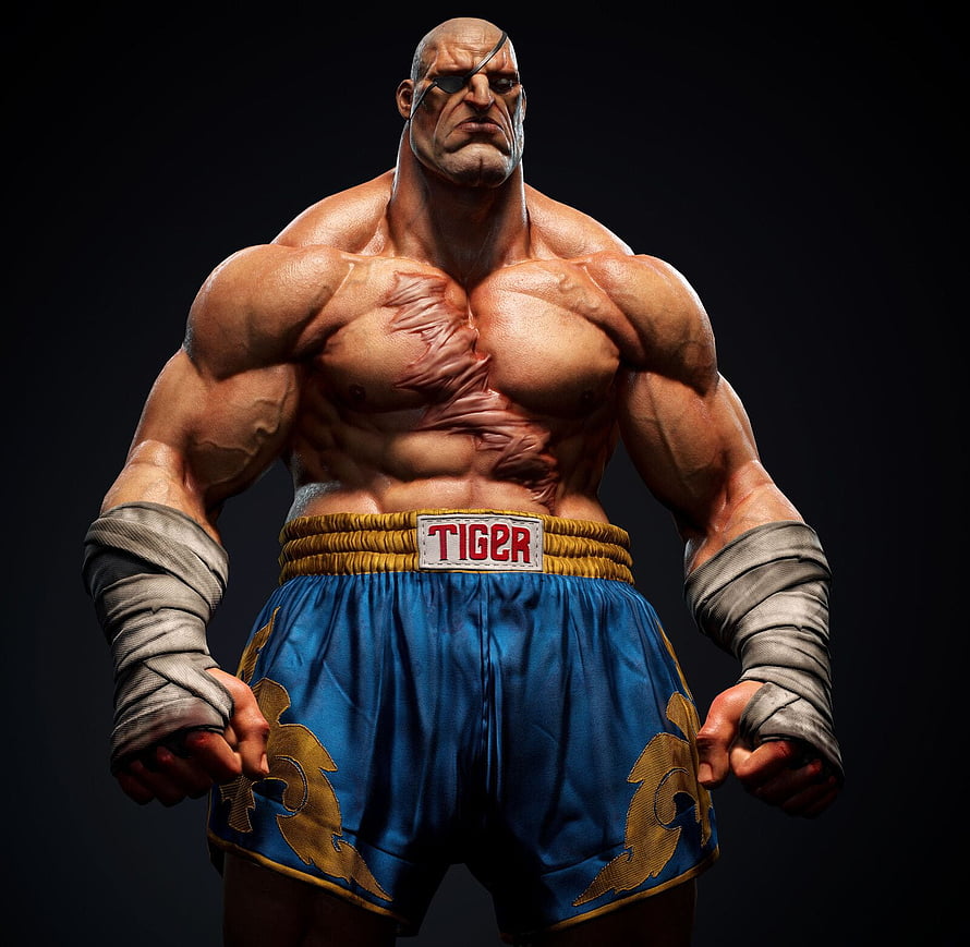 Sagat from Street Fighter in a hyper-realistic 3D render wearing blue Muay Thai shorts and hand wraps HD wallpaper
