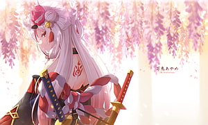 Nakiri Ayame from Hololive in a traditional kimono holding a katana beneath blooming wisteria flowers HD wallpaper