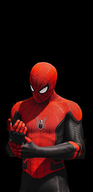Spider-Man in Advanced Red and Black Suit with Web Pattern on Black Background, Super Amoled Spider Man , Spider Man Amoled HD phone wallpaper