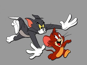 Tom and Jerry Classic Cartoon Characters in Dynamic Chase Pose on Gray Background HD wallpaper