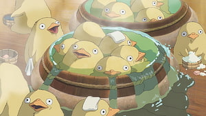 Whimsical Anime Ducks Bathing in Wooden Tubs with Towels HD wallpaper