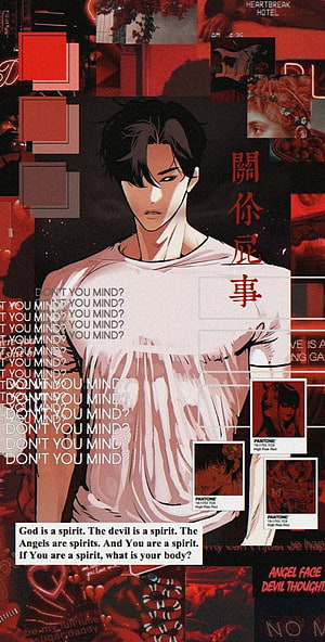 Dark Anime Male Character With Red Collage Background And Text Overlay HD phone wallpaper