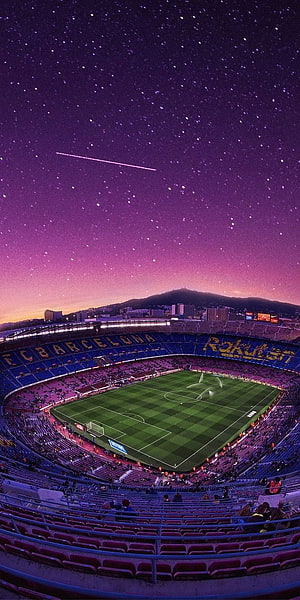 FC Barcelona Camp Nou Stadium Under a Starry Night Sky with Shooting Star HD phone wallpaper