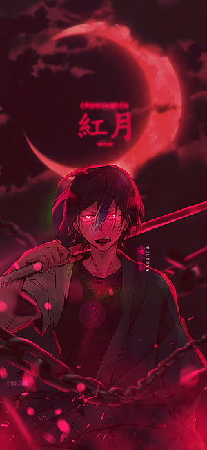 Anime Character With Glowing Red Eyes Holding Sword Under Crimson Moon HD phone wallpaper