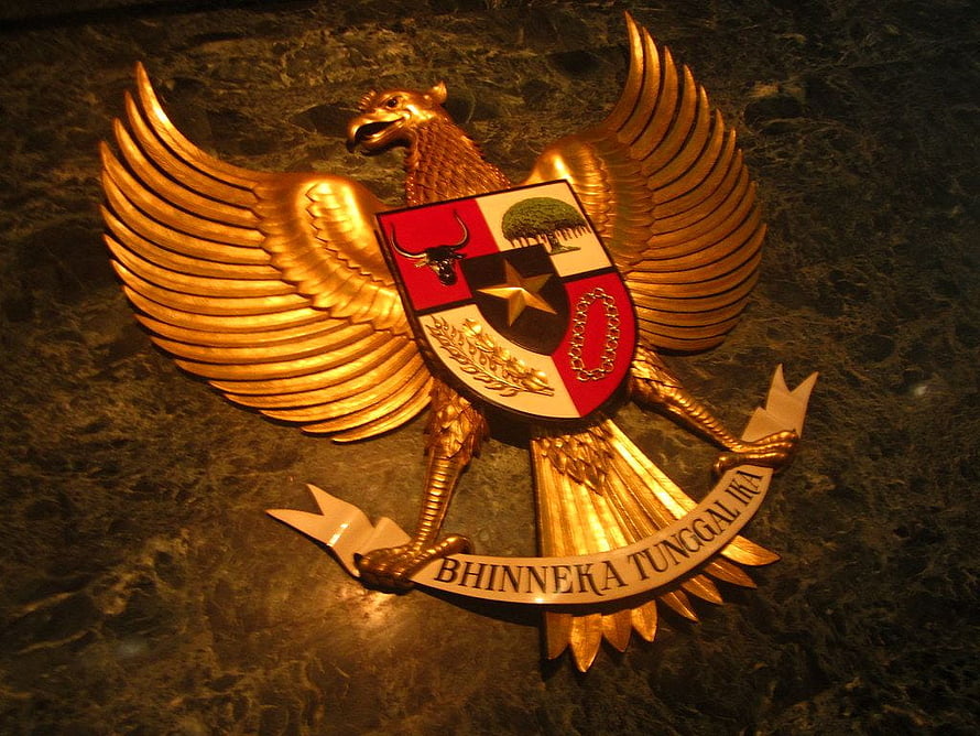 Golden Garuda Pancasila National Emblem of Indonesia on Dark Marble Background HD wallpaper