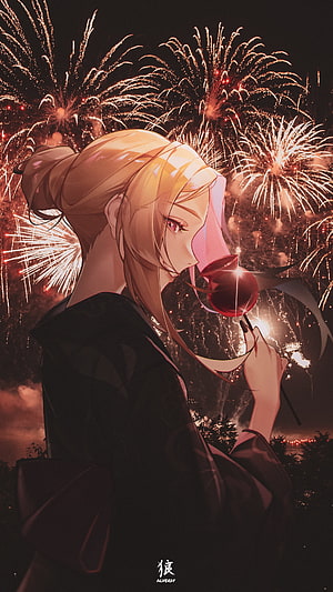 Anime Girl With Red Rose And Fireworks Background HD phone wallpaper
