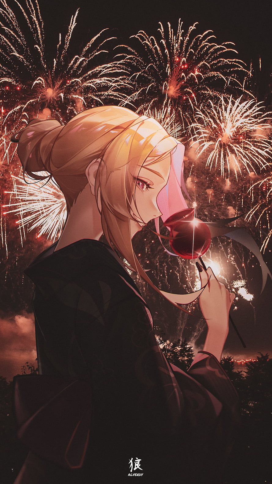 Anime Girl With Red Rose And Fireworks Background HD phone wallpaper