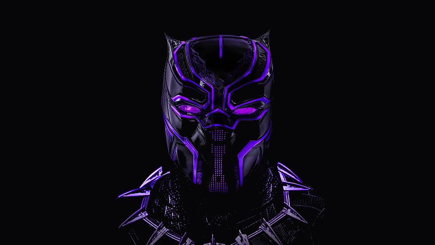 Black Panther Glowing Purple Mask and Armor on Black Background HD wallpaper
