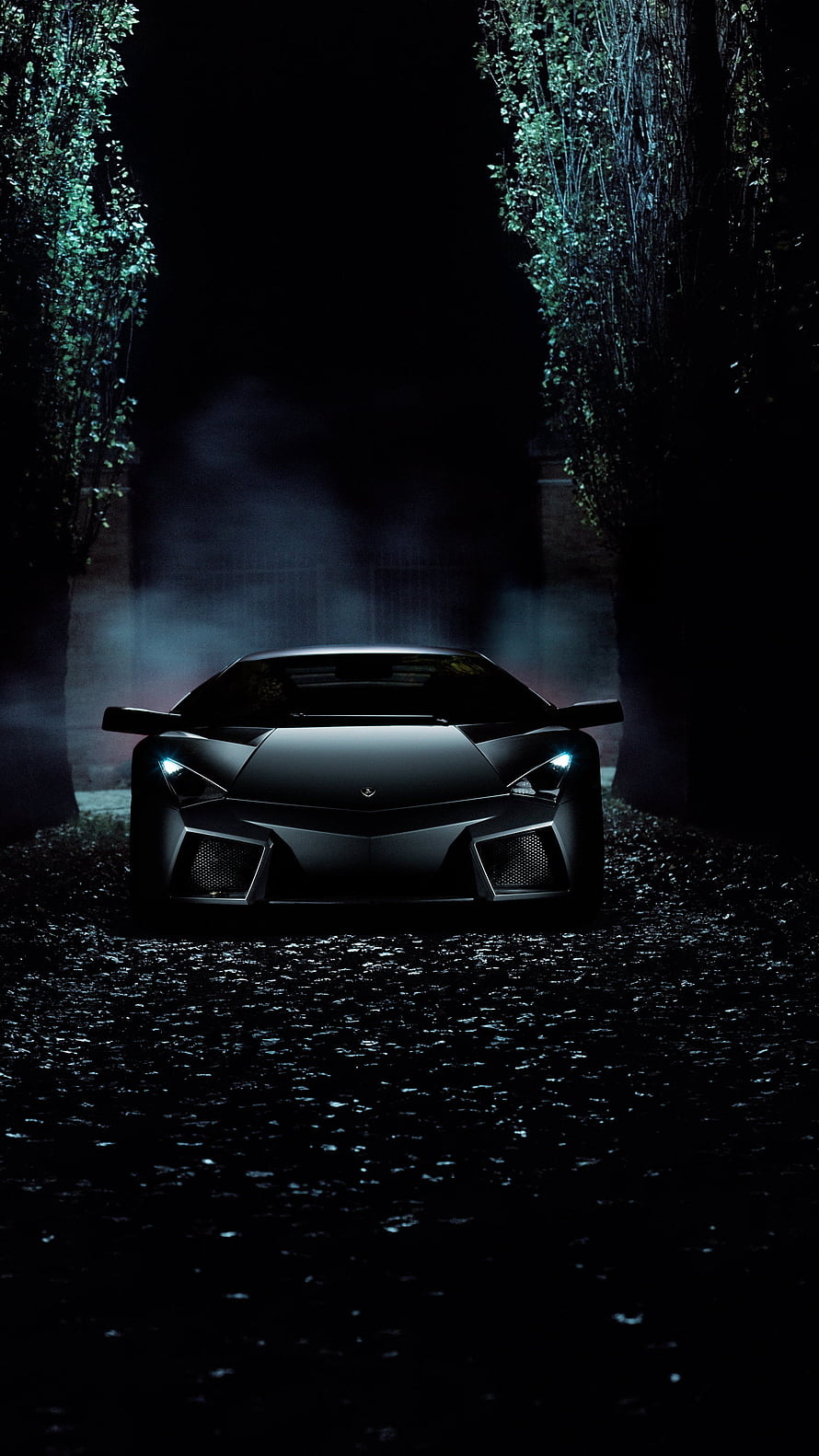 Matte Black Lamborghini Aventador in Dark Forest Night HD phone wallpaper
