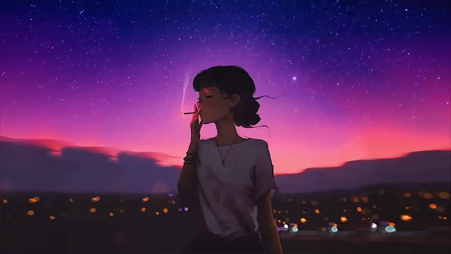 Anime Girl Smoking Under Starry Night Sky With City Lights HD wallpaper
