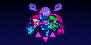Susie and Deltarune Characters in Vibrant Neon Style with Wings and Geometric Shapes HD wallpaper