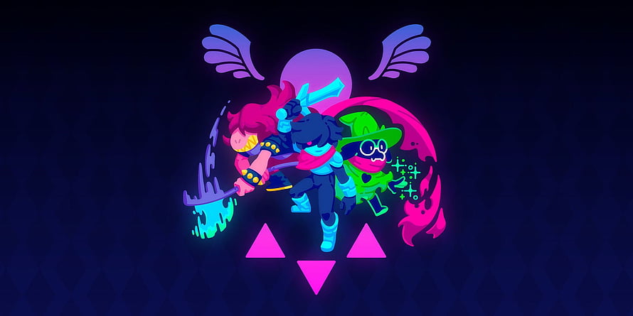 Susie and Deltarune Characters in Vibrant Neon Style with Wings and Geometric Shapes HD wallpaper