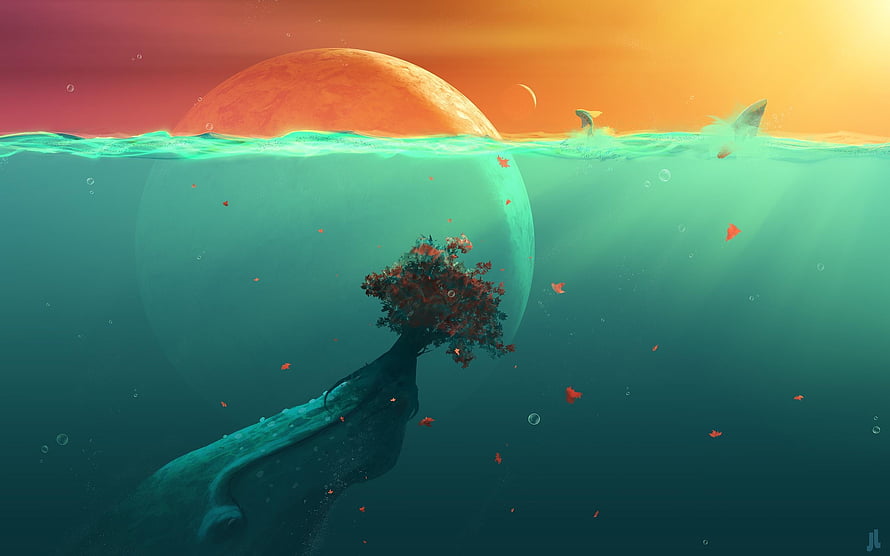 Surreal Underwater Scene with Giant Planet and Autumn Tree HD wallpaper