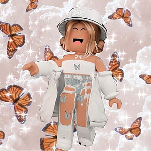 Cute Roblox Girl Avatar With White Hat And Butterfly Wings In Sparkly Background HD phone wallpaper