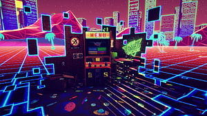 Neon Synthwave Arcade Scene with Retro Game Machine and Futuristic City Grid HD wallpaper