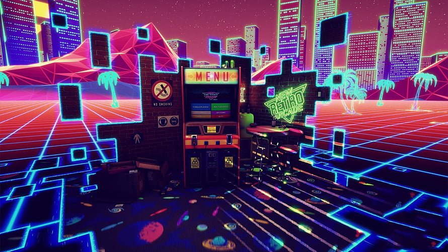 Neon Synthwave Arcade Scene with Retro Game Machine and Futuristic City Grid HD wallpaper