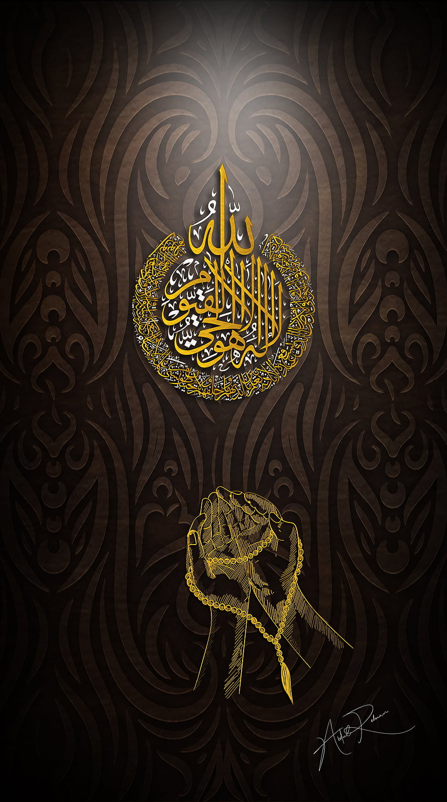Islamic Calligraphy Art with Golden Prayer Beads and Intricate Dark Background HD phone wallpaper