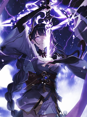 Raiden Shogun wielding glowing purple sword with lightning effects HD phone wallpaper