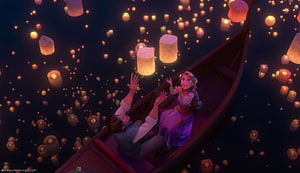 Tangled Rapunzel and Flynn Rider Releasing Floating Lanterns on a Boat at Night HD wallpaper