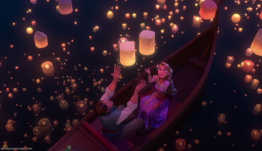 Tangled Rapunzel and Flynn Rider Releasing Floating Lanterns on a Boat at Night HD wallpaper