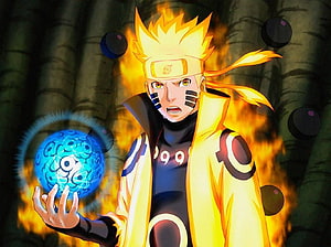 Naruto Uzumaki in Baryon Mode with Blue Rasengan and Black Orbs HD wallpaper
