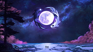 Yin Yang Fishes Circling a Full Moon Over a Frozen Lake at Night HD wallpaper