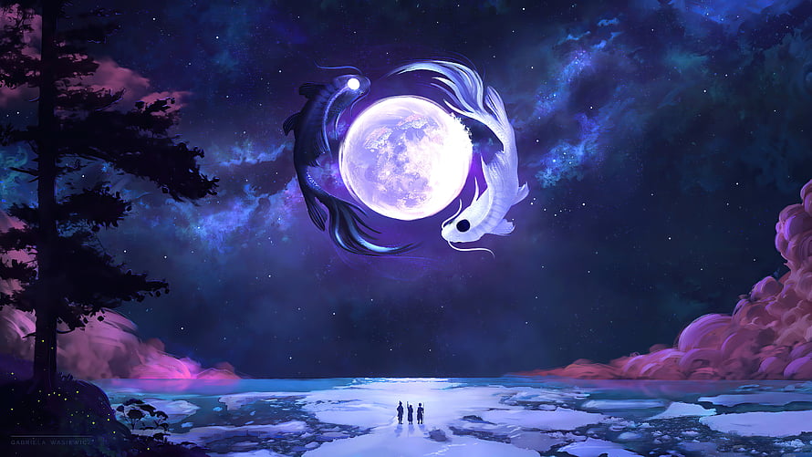 Yin Yang Fishes Circling a Full Moon Over a Frozen Lake at Night HD wallpaper