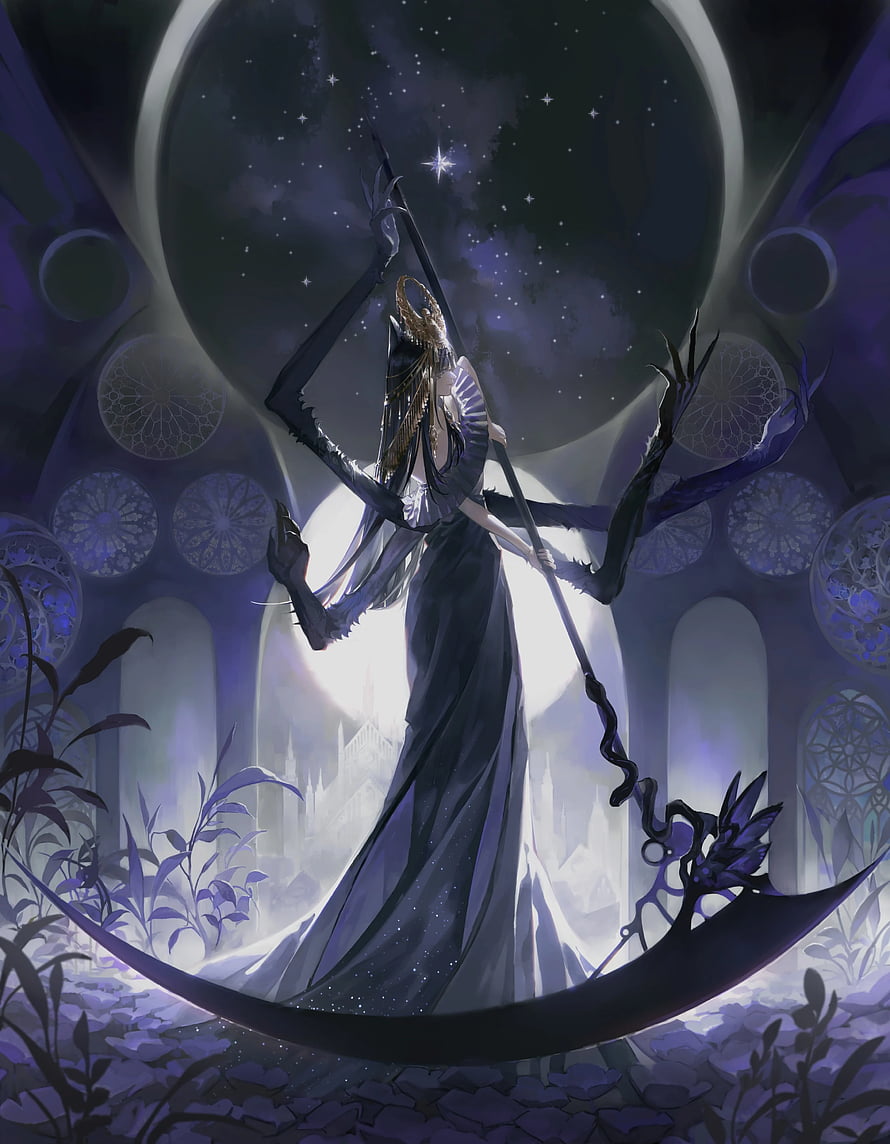 Ethereal Dark Fantasy Witch Standing on Crescent Moon with Staff HD phone wallpaper