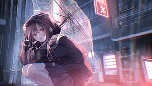 Anime Girl Crouching Under Umbrella in Neon-Lit Rainy City Street HD wallpaper