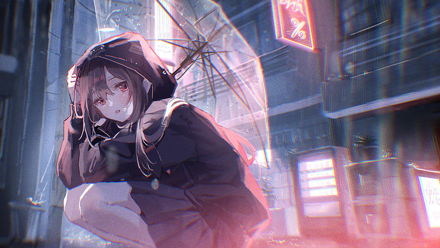 Anime Girl Crouching Under Umbrella in Neon-Lit Rainy City Street HD wallpaper