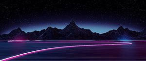 Neon Vaporwave Mountain Landscape with Glowing Pink Lines Under Starry Night Sky HD wallpaper