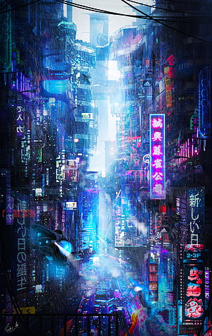 Neon Cyberpunk Cityscape with Flying Car in Rainy Future Metropolis HD phone wallpaper