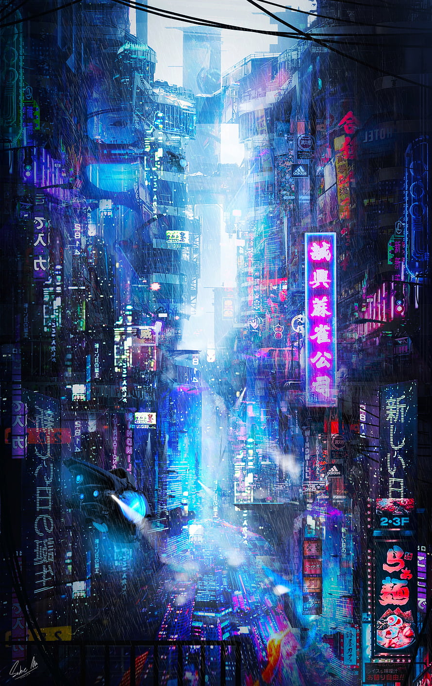 Neon Cyberpunk Cityscape with Flying Car in Rainy Future Metropolis HD phone wallpaper