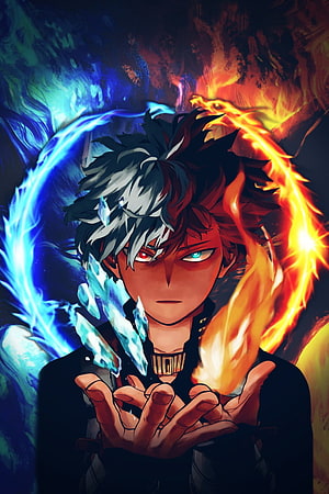 Shoto Todoroki wielding ice and fire powers from My Hero Academia anime HD phone wallpaper