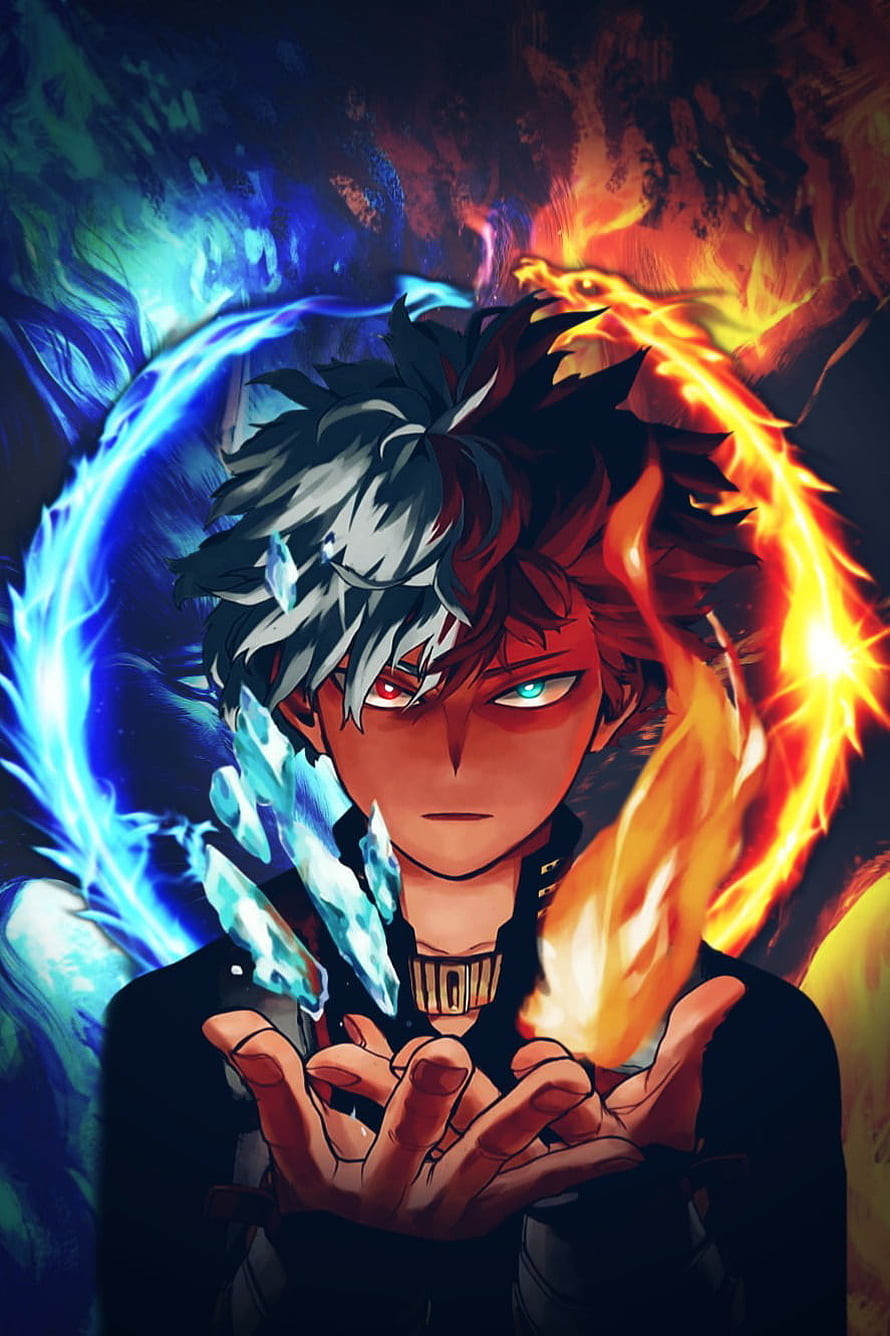 Shoto Todoroki wielding ice and fire powers from My Hero Academia anime HD phone wallpaper