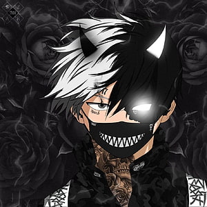 Anime Demon Boy with Horns and Masked Grin Against Dark Rose Background HD phone wallpaper