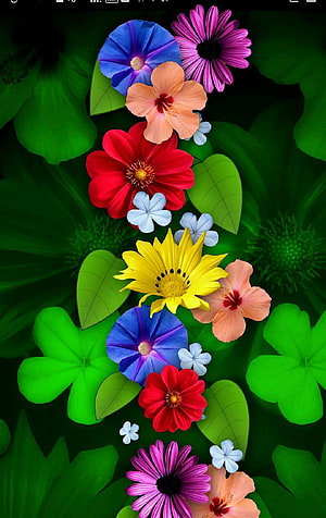 Vibrant Vertical Floral Arrangement With Red Zinnia, Yellow Daisy, Blue Morning Glory, and Pink Gerbera on Green Leaves HD phone wallpaper