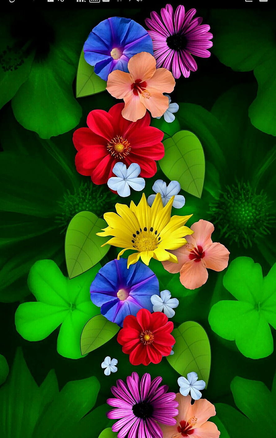 Vibrant Vertical Floral Arrangement With Red Zinnia, Yellow Daisy, Blue Morning Glory, and Pink Gerbera on Green Leaves HD phone wallpaper