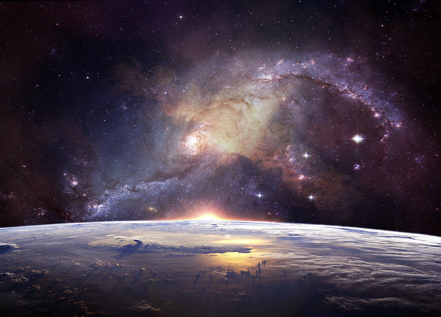 Stunning Spiral Galaxy Rising Over Earth Horizon With Sunrise HD wallpaper