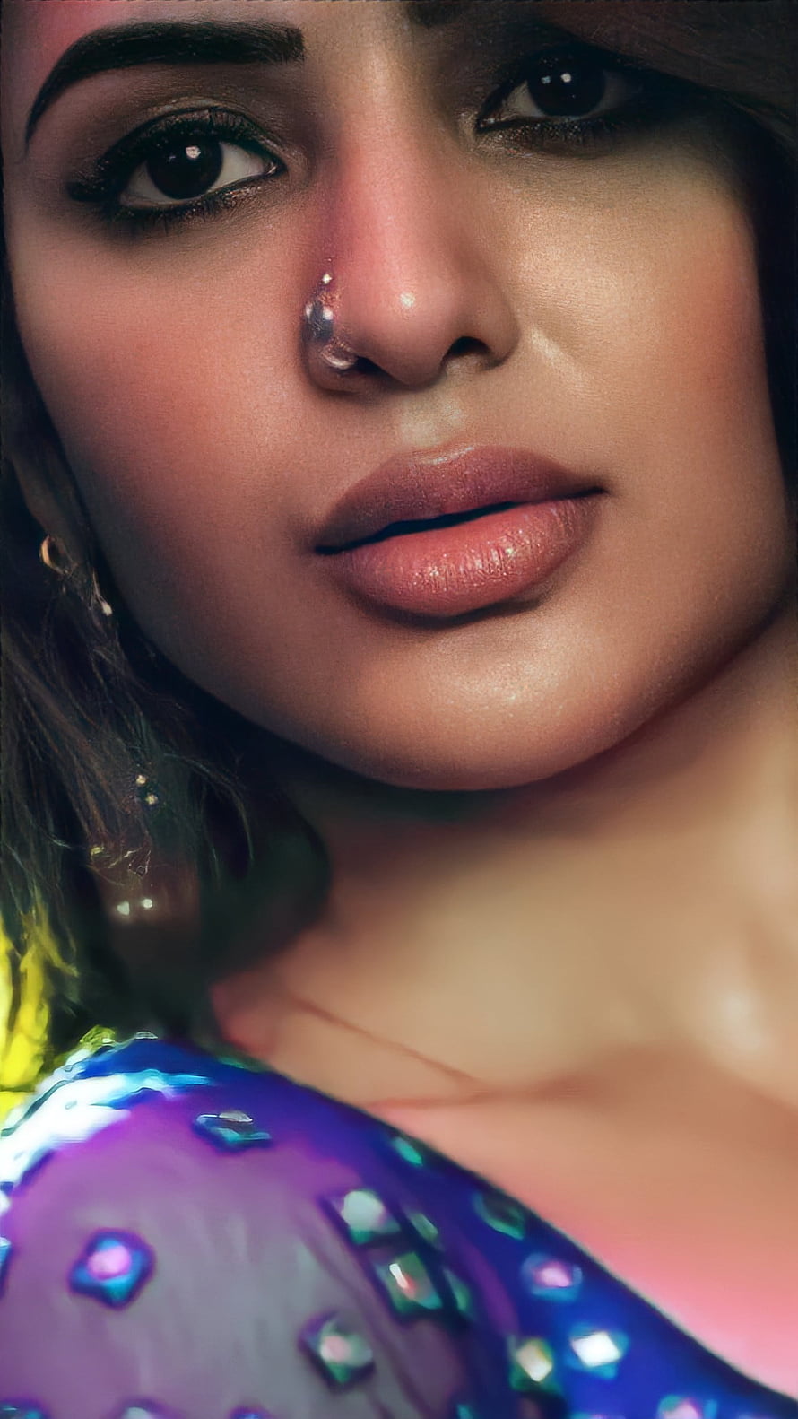Samantha Akkineni Close-Up Portrait with Nose Ring and Sequined Attire HD phone wallpaper