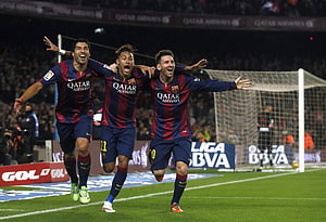 Lionel Messi, Luis Suarez, and Neymar Celebrating a Goal in FC Barcelona Kit HD wallpaper