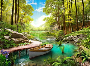 Serene Forest Lake with Wooden Boat and Cottage in Sunlit Greenery HD wallpaper