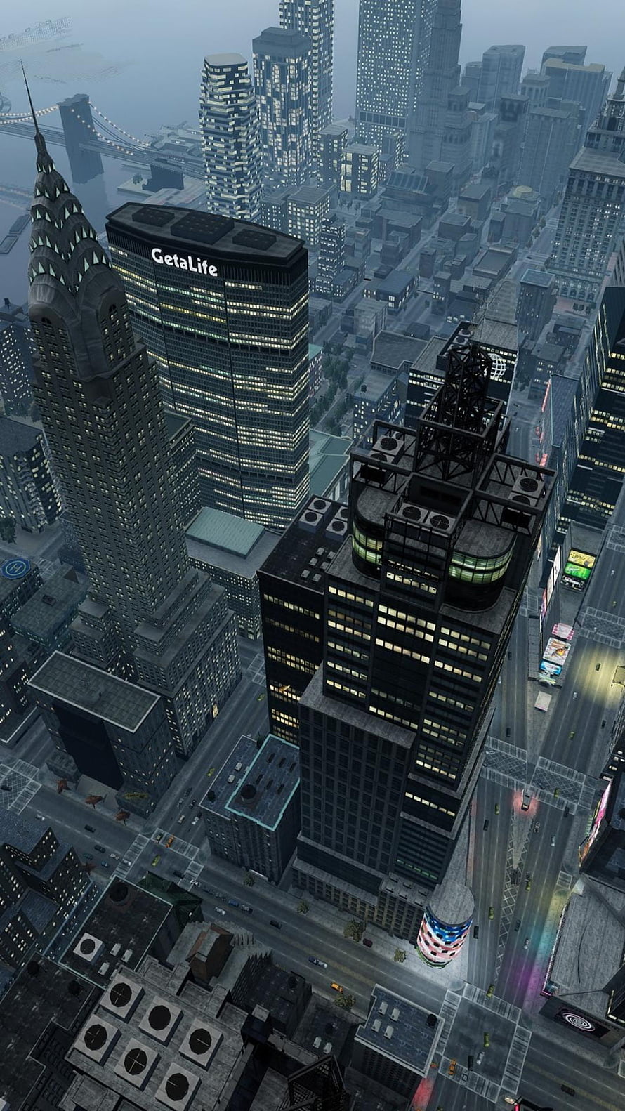 Liberty City skyline at dusk in Grand Theft Auto IV with Chrysler Building and GetaLife tower HD phone wallpaper