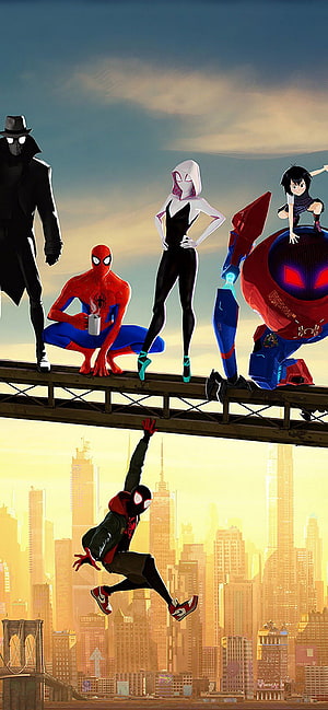 Spider-Man: Into the Spider-Verse Multiverse Heroes on Bridge at Sunset HD phone wallpaper