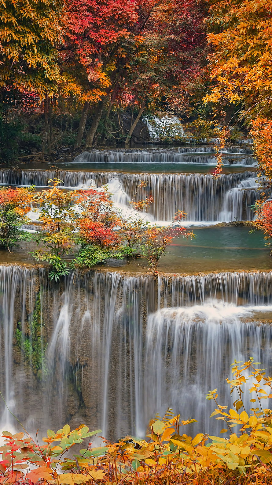 Tiered Waterfall Cascading Through Vibrant Autumn Forest Foliage HD phone wallpaper