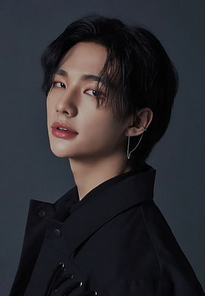 Stray Kids Hyunjin Studio Portrait in Black Jacket HD phone wallpaper