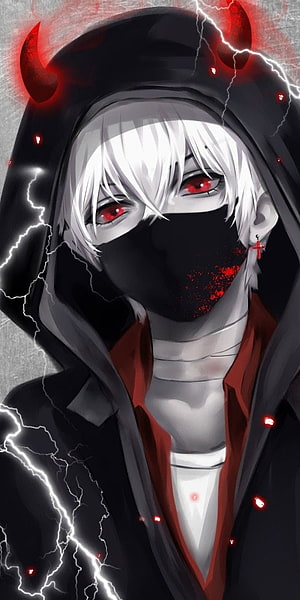 Anime Boy With White Hair Red Eyes And Devil Horns In Black Hoodie HD phone wallpaper