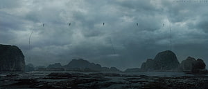 Death Stranding Mysterious Island Coastline with Floating Figures and Dark Stormy Sky HD wallpaper