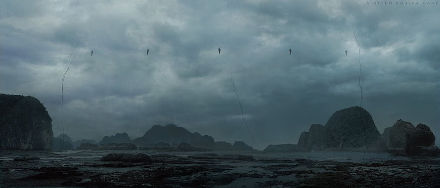 Death Stranding Mysterious Island Coastline with Floating Figures and Dark Stormy Sky HD wallpaper